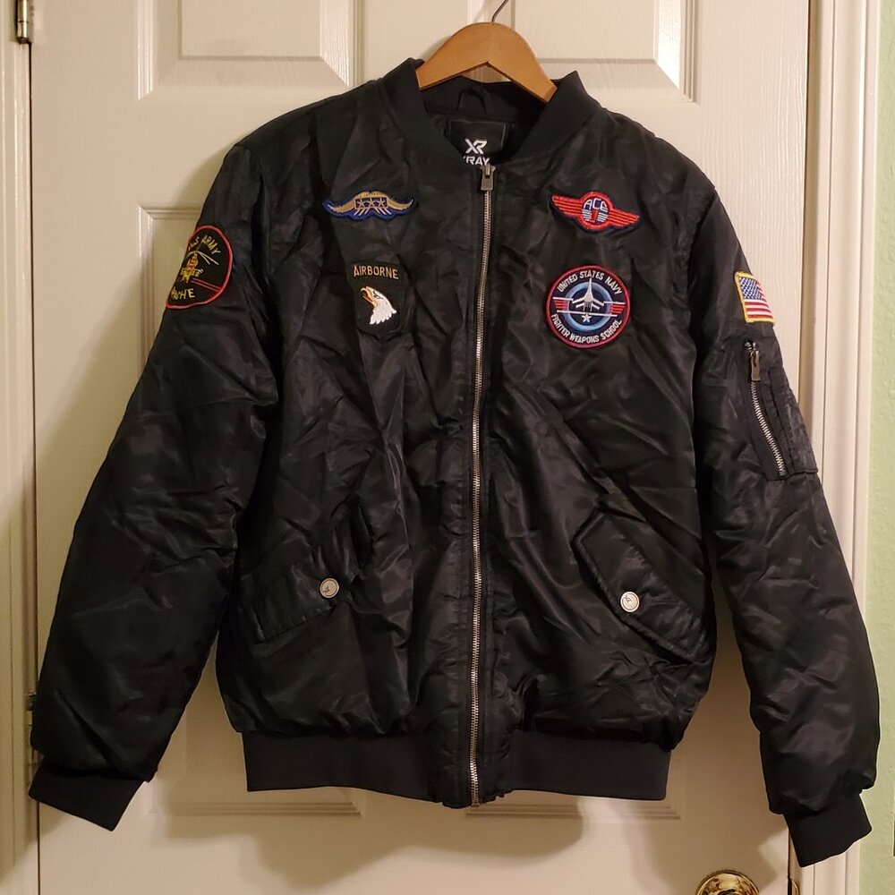 XRAY Jeans Black Bomber Jacket XL Military Patch Flight Jacket MA-1 Style